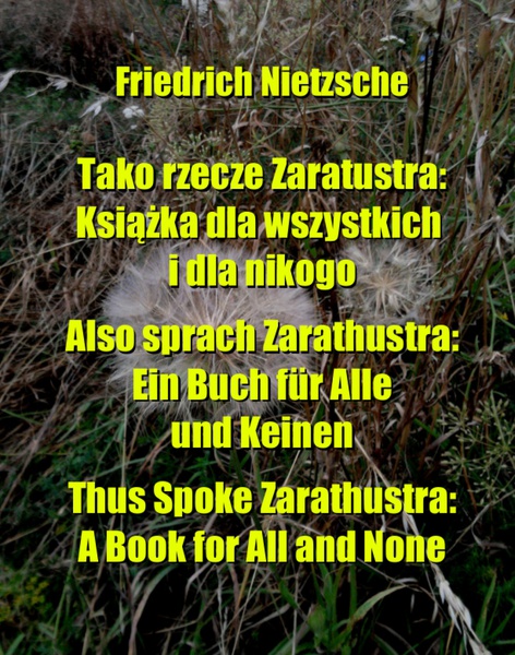 Okładka:Tako rzecze Zaratustra: Książka dla wszystkich i dla nikogo. Also sprach Zarathustra: Ein Buch für Alle und Keinen. Thus Spoke Zarathustra: A Book for All and None 